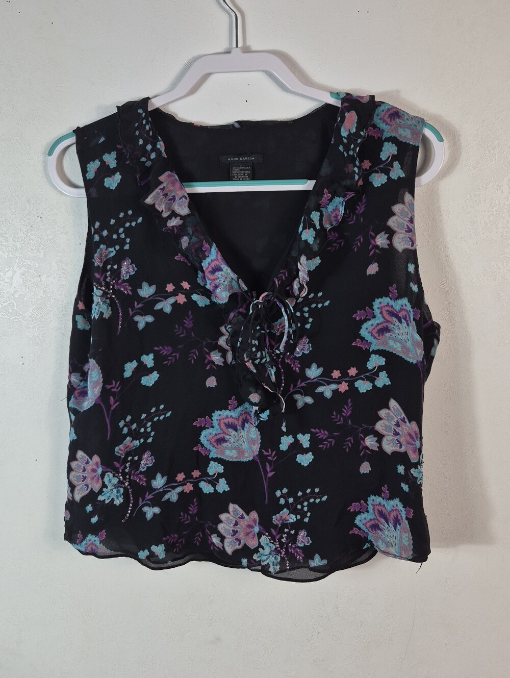 Anne Carson Black Silk Floral Blouse Large